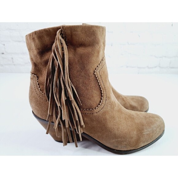 SAM Edelman Ankle Booties Woman's Size 8.5 M Camel Fringe Louie Suede Block Heel - Picture 1 of 8